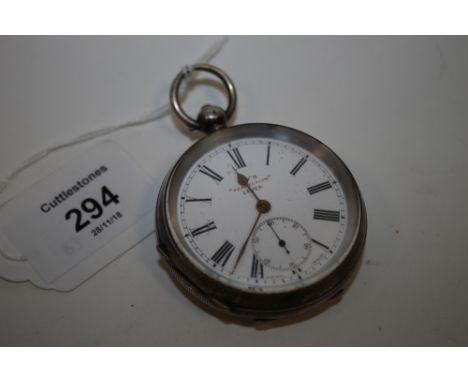A KAY'S PERFECTION LEVER OPEN FACED MANUAL WIND POCKET WATCH, Dia 5.25 cmCondition Report:Cuttlestones do not offer a guarant