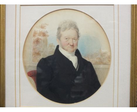 STEPHEN POYNTZ DENNING (1795-1864).English school, oval portrait study of a seated gentleman, landscape beyond, unsigned, wat