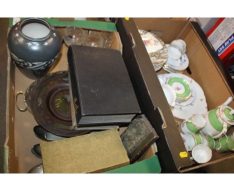 TWO TRAYS OF ASSORTED CERAMICS, CHINA AND GLASSWARE ETC. TO INCLUDE AN OLD ROYAL CHINA COFFEE SET, FLATWARE ETC. 