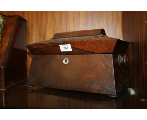 A 19TH CENTURY ROSEWOOD TEA CADDY, of sarcophagus form, raised on squat bun feet, minus interior, W 31 cm  S/DCondition Repor