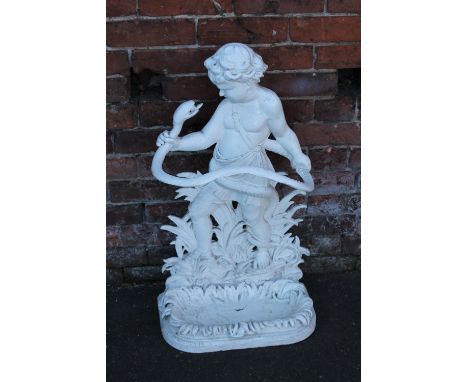 A VICTORIAN CAST FIGURATIVE STICK STAND - POSSIBLY COALBROOKDALE, modelled as a young boy semi clad holding a serpent, the ba