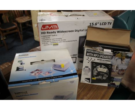 A BOXED LCD TV, PHOTO SCANNER AND A SPEAKER FAN (3) 