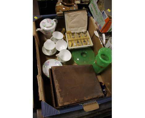 A TRAY OF ASSORTED CHINA AND GLASSWARE TO INCLUDE AN ART DECO COFFEE SET, BOXED FLATWARE ETC.  