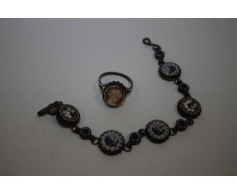 AN ANTIQUE MICRO MOSAIC BRACELET TOGETHER WITH A SILVER CAMEO RING 
