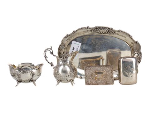 SWEDISH 800 STANDARD SILVER SUGAR AND CREAM ON STAND, the stand of oval form, with scroll embossed borders, 19.5cm wide, alon