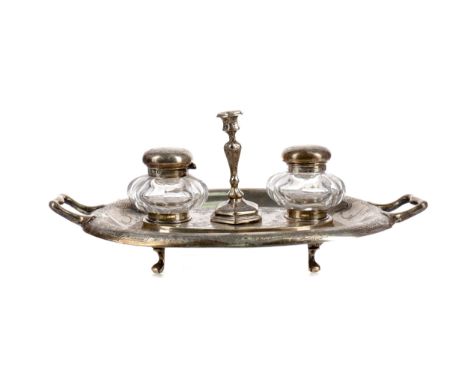 VICTORIAN SILVER DOUBLE INK STAND, maker Henry Wilkinson &amp; Co., Sheffield 1864, the twin handles oval stand fitted with c