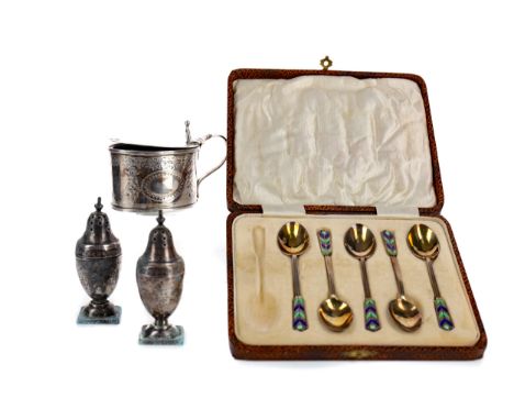 SET OF FIVE SILVER GILT AND ENAMEL COFFEE SPOONS, maker Walker &amp; Hall, Birmingham marks, 9.2cm long, along with two silve