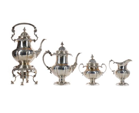 AMERICAN STERLING SILVER TEA SERVICE, by Wallace, comprising teapot, milk jug, covered sugar bowl, spirit kettle and tea tray