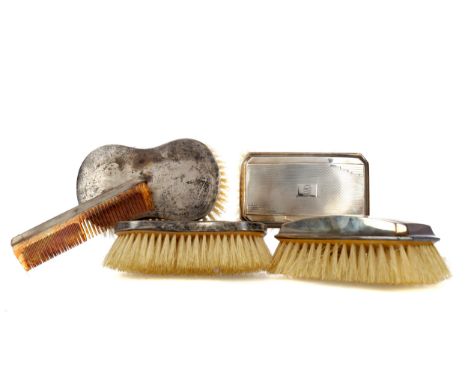 CASED EARLY 20TH CENTURY SILVER BRUSH SET, Birmingham marks, comprising a pair of clothes brushes and a comb, engine turned w