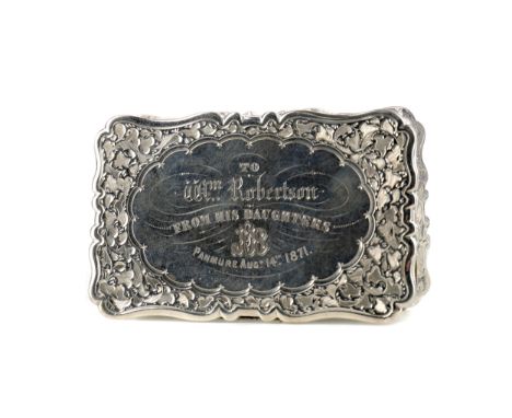 VICTORIAN SILVER SNUFF BOX, likely maker Frederick Marson, Birmingham 1868, of rectangular form, the exterior engraved with s