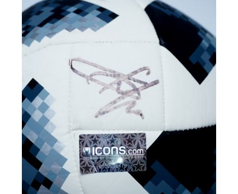 A 2018 FIFA World Cup Telstar 18 match ball replica signed by Belgian footballer Eden Hazard. The ball features the official 