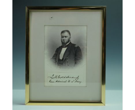 Framed portrait of Rear Admiral Louis M. Goldsborough of the U.S. Navy, featuring his autograph beneath the image. The engrav