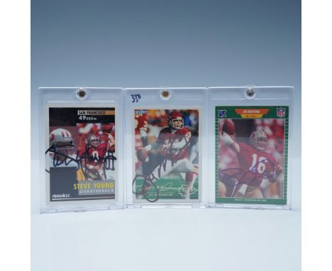 This lot features three autographed trading cards of San Francisco 49ers legendary quarterbacks Steve Young and Joe Montana. 