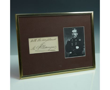 Framed autograph of Confederate General G.T. Beauregard, reading "With the compliments of Gen. G.T. Beauregard," mounted besi