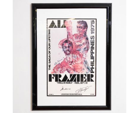 This framed Thrilla in Manila poster features artwork by Leroy Neiman, depicting the legendary 1975 heavyweight boxing match 