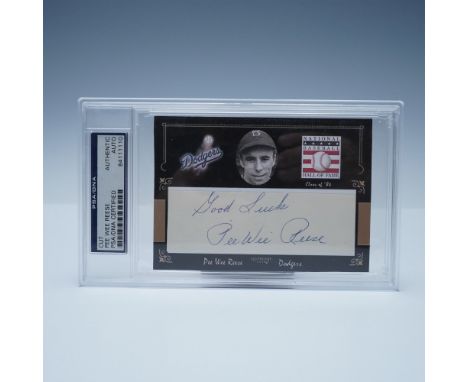 This Pee Wee Reese signed cut autograph is authenticated and encapsulated by PSA/DNA. The autograph, inscribed with "Good Luc