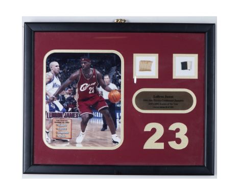 This framed LeBron James memorabilia piece celebrates his early NBA career, featuring authenticated game-worn relics. The dis