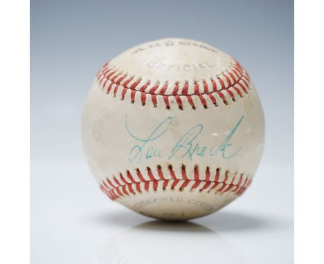 Presented is an official All-Star baseball autographed by Hall of Famer Lou Brock, legendary outfielder of the St. Louis Card