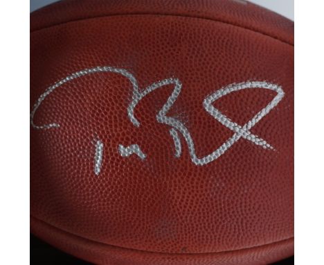 Official Wilson "The Duke" NFL football commemorating Super Bowl LV, autographed by Tom Brady in metallic-silver ink. This li