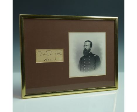 Framed Civil War-era portrait engraving of Admiral David D. Porter, accompanied by a clipped ink signature. The engraving, ba