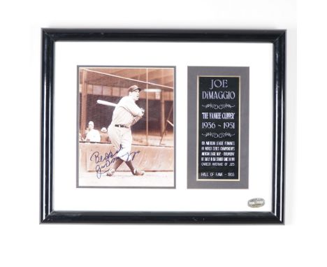 This framed Joe DiMaggio autographed photograph is a tribute to the legendary New York Yankees Hall of Famer. The sepia-toned