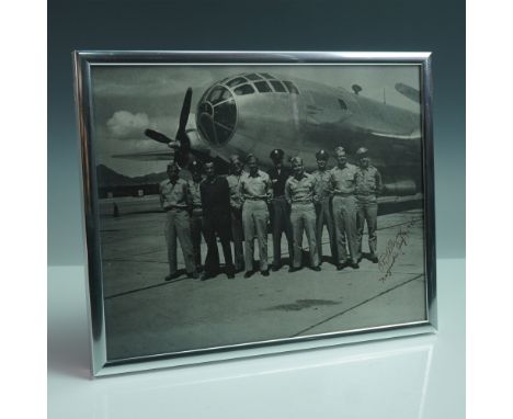 Powerful black and white photograph featuring the crew of the B-29 Superfortress "Bockscar," the aircraft responsible for dro
