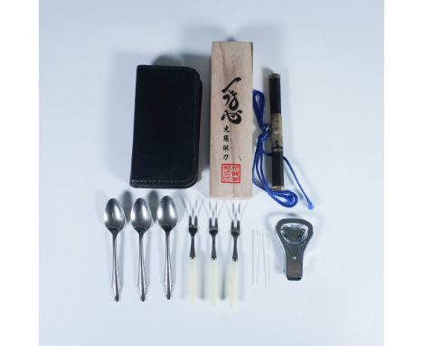 Lot includes a vintage travel cutlery set in a zippered black case with spoons, cocktail forks, toothpicks, bottle opener, an