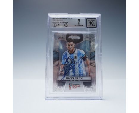 This 2018 Panini Prizm World Cup card features an autograph from Lionel Messi, one of the greatest footballers of all time. G