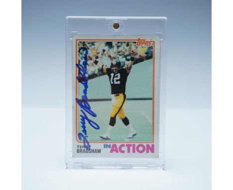 1982 Topps In Action Terry Bradshaw #205 football card, featuring the legendary Pittsburgh Steelers quarterback. This card hi