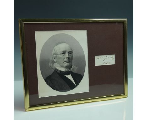 Framed cut signature of Horace Greeley, founder of the New-York Tribune and 1872 presidential candidate, signed and dated 186