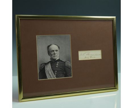Framed historical display featuring an autograph of General William Tecumseh Sherman (1820â€“1891), one of the most renowned 