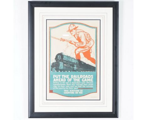 A framed World War II-era recruitment poster titled Put the Railroads Ahead of the Game. This patriotic propaganda piece emph