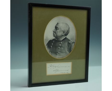 Striking framed display featuring a signed autograph of Civil War Union General Philip Henry Sheridan. The piece includes a s