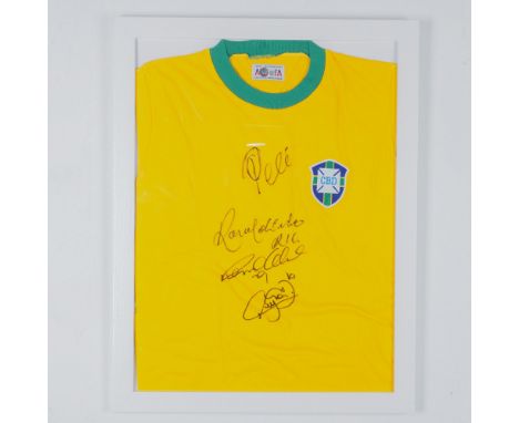A framed Brazil National Team jersey featuring multiple signatures, including legendary football icons PelÃ© and Ronaldinho. 