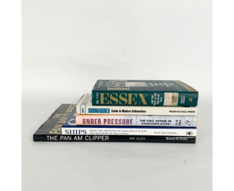 A curated collection of five hardcover books exploring naval and aviation history, including submarines, warships, and legend
