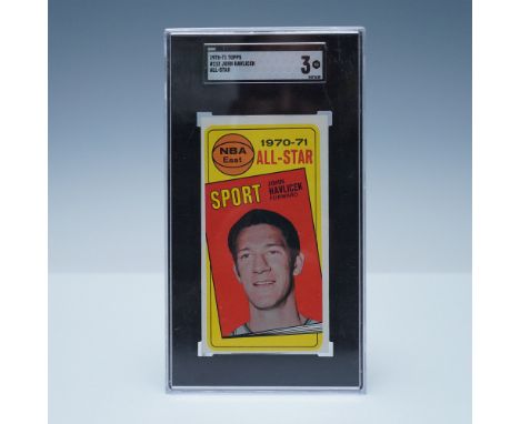 This unique collectible features a 1970-71 Topps #112 John Havlicek All-Star trading card, graded VG 3 by SGC, with a newspap