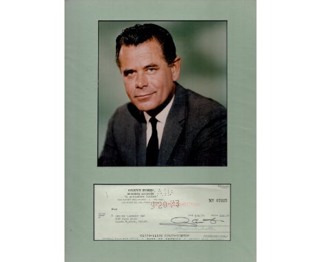 Glenn Ford Signed Business Account Cheque, Complete with Colour Photo of Ford and Mounted. Good Condition. All autographs com