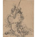 Vinkeles, Reinier: Rocaille-Kartusche mit Kriegstrophäen und zwei allegoris...