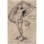 Deutsch: um 1570. Fortuna mit Fahne auf der geflügelten Weltkugel