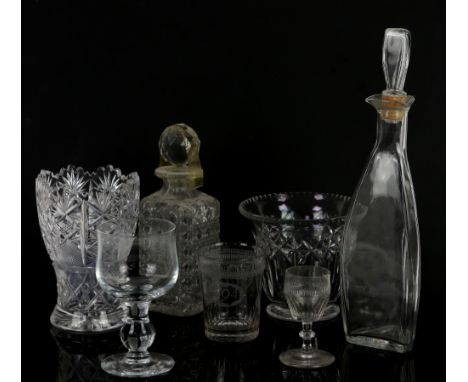 An oversized toasting glass, other glassware to include decanters, glass rolling pin Sarah Roberts- I love a Sailor, ruby dou