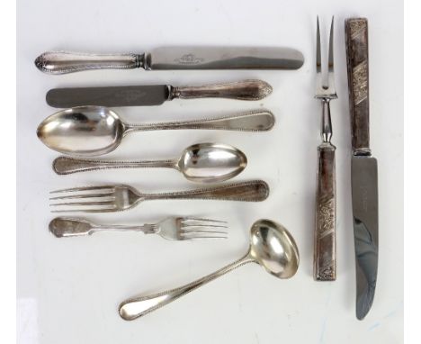 A part canteen of Elkington plate beaded flatware comprising 8 table forks, 8 dessert forks , 8 dessert spoons, 8 table spoon