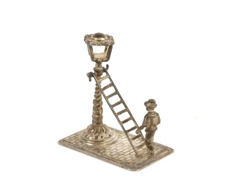 Dutch silver miniature street scene of a lamp lighter, sword mark .      