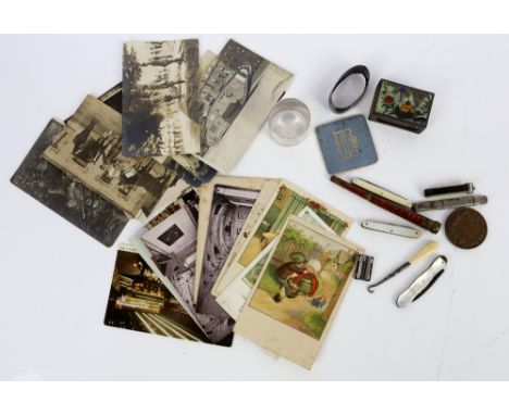 Iron Cross ribbon bar pin, WWI and other postcards, silver bladed fruit knife, pocket knives, seal end quill pen, cloisonné m