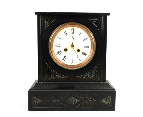 Victorian black slate and green veined marble twin train mantel clock, with Roman numerals, 32cm high,.      