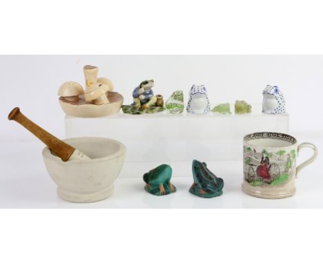 Wedgwood cabbage plates and pestle and mortar, transfer printed serving platters, mug and cup, Chinese bowl, white Coalport v