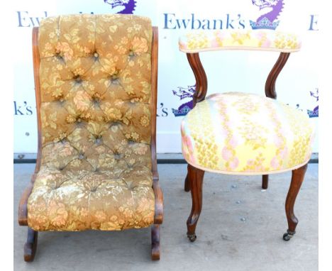 Victorian walnut button backed nursing chair and another chair with upholstered back rail, (2),.      