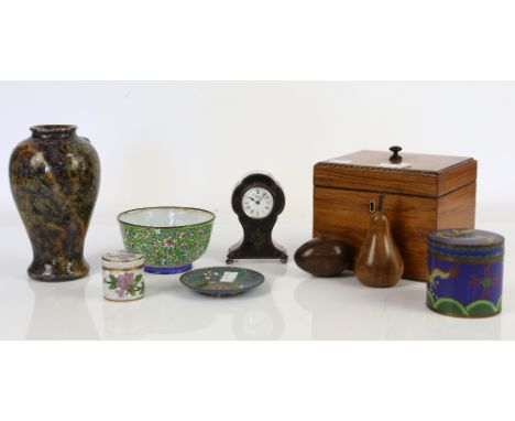 Silver and tortoiseshell clock with later quartz movement, satinwood tea caddy, turned hardstone vase, cloisonné bowl and box