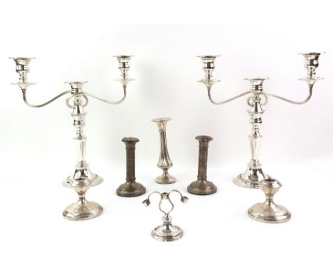 Large pair of silver plated Walker &amp; Hall three branch metamorphic candelabra, two pairs of silver candle sticks, one pai