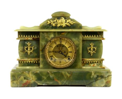 19th century green onyx mantel clock, with visible Brocot escapement, engraved Ansonia Clock Co USA to movement, H30 x W40 x 