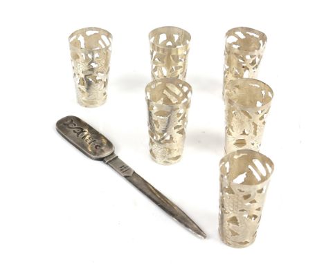 Set of six sterling silver cup sleeve and a sterling silver letter opener 101 grams .      